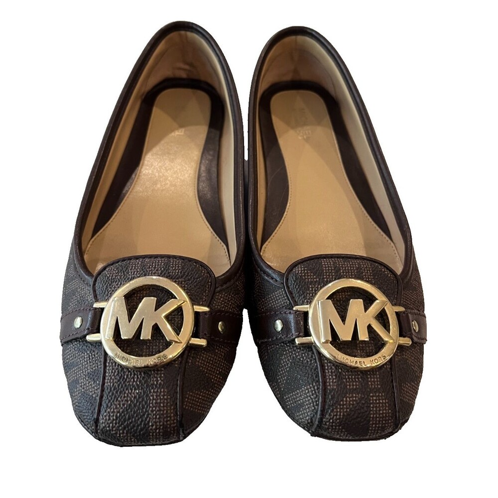 Michael Kors Fulton Brown Gold PVC MK Logo Ballet Flats Shoes Women Size 8.5